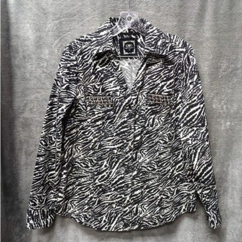 Zebra Print Button Up Shirt Womens L Long Sleeve Studded Mob Wife Y2K Blouse Top